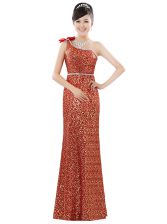  One Shoulder Sleeveless Sequined Floor Length Zipper Evening Dress in Orange with Beading and Sequins