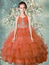Fashion Halter Top Sleeveless Little Girls Pageant Dress Floor Length Beading and Ruffled Layers Orange Organza
