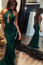 Edgy Mermaid Halter Top Green Backless Ruching Sleeveless Sweep Train