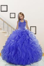  Halter Top Sleeveless Organza Floor Length Lace Up Little Girls Pageant Gowns in Blue with Beading and Ruffles