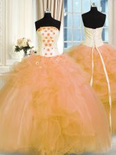 Shining Floor Length Gold Ball Gown Prom Dress Strapless Sleeveless Lace Up
