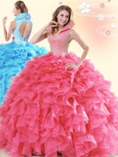 Luxurious Floor Length Coral Red Quince Ball Gowns High-neck Sleeveless Backless
