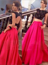 Stylish Scoop Red A-line Lace Prom Gown Backless Satin Cap Sleeves Floor Length