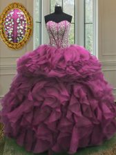 Best Selling Fuchsia Ball Gowns Sweetheart Sleeveless Organza Floor Length Lace Up Beading and Ruffles Sweet 16 Quinceanera Dress