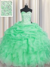  Apple Green Organza Lace Up Sweetheart Sleeveless Floor Length Ball Gown Prom Dress Beading and Ruffles