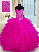 Adorable Organza Sweetheart Sleeveless Lace Up Beading and Ruffled Layers Sweet 16 Dresses in Fuchsia