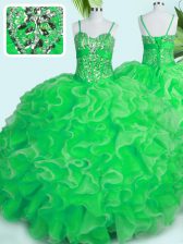Flirting Spaghetti Straps Sleeveless Organza Ball Gown Prom Dress Beading and Ruffles Lace Up