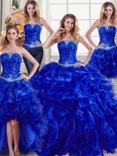  Four Piece Royal Blue Lace Up Strapless Beading and Ruffles Sweet 16 Dress Organza Sleeveless