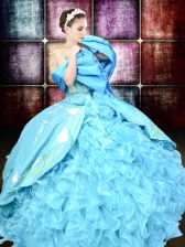 Pretty Baby Blue Ball Gowns Organza and Taffeta Sweetheart Sleeveless Embroidery and Ruffles Floor Length Lace Up Sweet 16 Quinceanera Dress