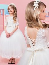 Modest Scoop Tea Length White Toddler Flower Girl Dress Tulle Short Sleeves Lace and Bowknot