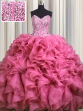  Visible Boning Bling-bling Rose Pink Sleeveless With Train Beading and Ruffles Lace Up Vestidos de Quinceanera