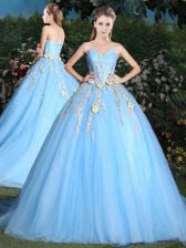 Cheap Lace Up Quinceanera Gowns Blue for Military Ball and Sweet 16 and Quinceanera with Appliques Brush Train