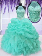 Graceful Aqua Blue Ball Gowns Organza Halter Top Sleeveless Beading and Ruffles and Pick Ups Floor Length Lace Up Ball Gown Prom Dress