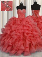 Customized Floor Length Coral Red Quinceanera Dress Organza Sleeveless Beading and Ruffles