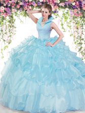  Baby Blue High-neck Neckline Beading and Ruffled Layers Sweet 16 Dress Sleeveless Backless