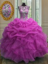 Popular Scoop Fuchsia Organza Lace Up Sweet 16 Dresses Sleeveless Floor Length Beading and Ruffles and Pick Ups