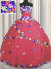  Coral Red Lace Up Quinceanera Dresses Hand Made Flower Sleeveless Floor Length