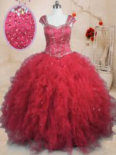  Red Quinceanera Dresses Military Ball and Sweet 16 and Quinceanera with Beading and Ruffles Square Cap Sleeves Lace Up