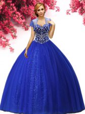 Popular Sleeveless Floor Length Beading Lace Up Quinceanera Dress with Royal Blue