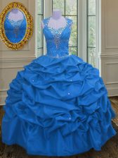 Super Straps Blue Taffeta Lace Up Quinceanera Dress Sleeveless Floor Length Beading and Pick Ups