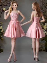 Fabulous Pink Strapless Lace Up Appliques and Bowknot Dama Dress for Quinceanera Sleeveless