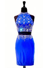 Captivating Royal Blue Elastic Woven Satin Zipper High-neck Sleeveless Mini Length Prom Evening Gown Beading
