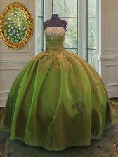 Beauteous Olive Green Ball Gowns Strapless Sleeveless Organza and Taffeta Floor Length Lace Up Sequins Sweet 16 Quinceanera Dress
