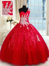  Red Quinceanera Dress Military Ball and Sweet 16 and Quinceanera with Beading and Appliques One Shoulder Sleeveless Lace Up