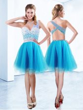 Luxury One Shoulder Knee Length A-line Sleeveless Baby Blue Dress for Prom Criss Cross