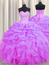 Low Price Floor Length Lace Up 15 Quinceanera Dress Lilac for Military Ball and Sweet 16 and Quinceanera with Beading and Ruffles and Pick Ups