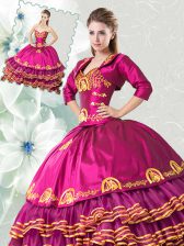 Beauteous Floor Length Fuchsia Quinceanera Gown Organza and Taffeta Sleeveless Embroidery and Ruffled Layers