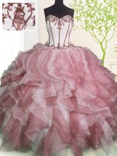  Pink And White Sweetheart Neckline Ruffles Quinceanera Gowns Sleeveless Lace Up