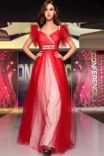 Flare Red V-neck Neckline Beading Prom Party Dress Sleeveless Zipper
