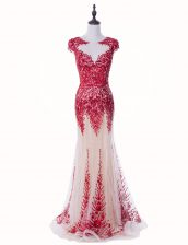  Mermaid Red Dress for Prom Scoop Cap Sleeves Brush Train Backless