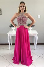 Clearance Halter Top Beading Prom Party Dress Fuchsia Zipper Sleeveless With Train Sweep Train
