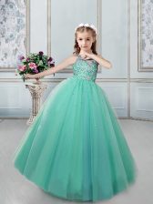  Turquoise Lace Up Scoop Beading Kids Formal Wear Tulle Sleeveless