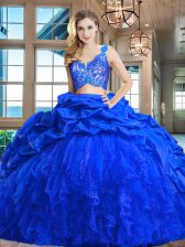 Unique Lace and Ruffles and Pick Ups 15 Quinceanera Dress Royal Blue Zipper Sleeveless Brush Train