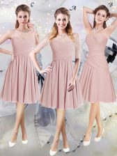 Great Chiffon Scoop Half Sleeves Zipper Lace and Ruching Quinceanera Dama Dress in Pink