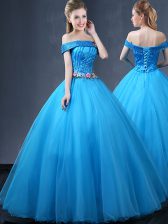 Beautiful Off the Shoulder Baby Blue Tulle Lace Up Vestidos de Quinceanera Sleeveless Floor Length Beading and Appliques