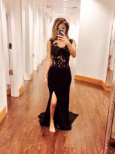 Trendy Mermaid Scoop Sleeveless Prom Party Dress Brush Train Appliques Black Chiffon