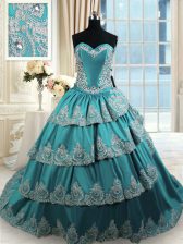  Teal Sleeveless With Train Beading and Appliques and Ruffled Layers Lace Up Vestidos de Quinceanera