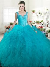 Customized Straps Floor Length Zipper Sweet 16 Dress Teal for Military Ball and Sweet 16 and Quinceanera with Beading and Ruffles