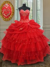  Red Sleeveless Floor Length Beading and Ruffled Layers and Sequins and Pick Ups Lace Up Sweet 16 Quinceanera Dress