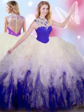  White And Purple Tulle Zipper Vestidos de Quinceanera Sleeveless Floor Length Beading and Ruffles