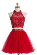 Shining Tulle Halter Top Sleeveless Zipper Beading Homecoming Dress in Red