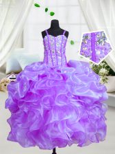 Sweet Eggplant Purple Sleeveless Organza Lace Up Little Girl Pageant Gowns for Military Ball and Sweet 16 and Quinceanera