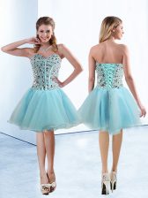  Knee Length Lace Up Prom Dresses Light Blue for Prom and Party with Beading