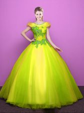  Scoop Short Sleeves Lace Up Sweet 16 Quinceanera Dress Yellow Green Tulle