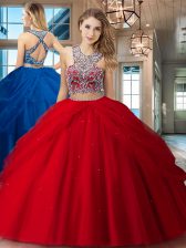Ideal Red Scoop Criss Cross Beading and Pick Ups 15 Quinceanera Dress Sleeveless