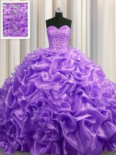 Flare With Train Lace Up 15 Quinceanera Dress Lavender for Military Ball and Sweet 16 and Quinceanera with Beading and Pick Ups Court Train
